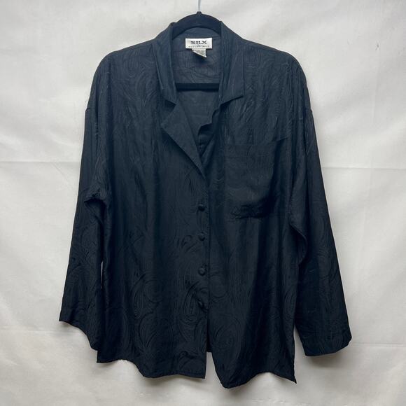 SILX By August Silk Button Down Black Silk Top Women's Size Medium Long Sleeve - Picture 1 of 11